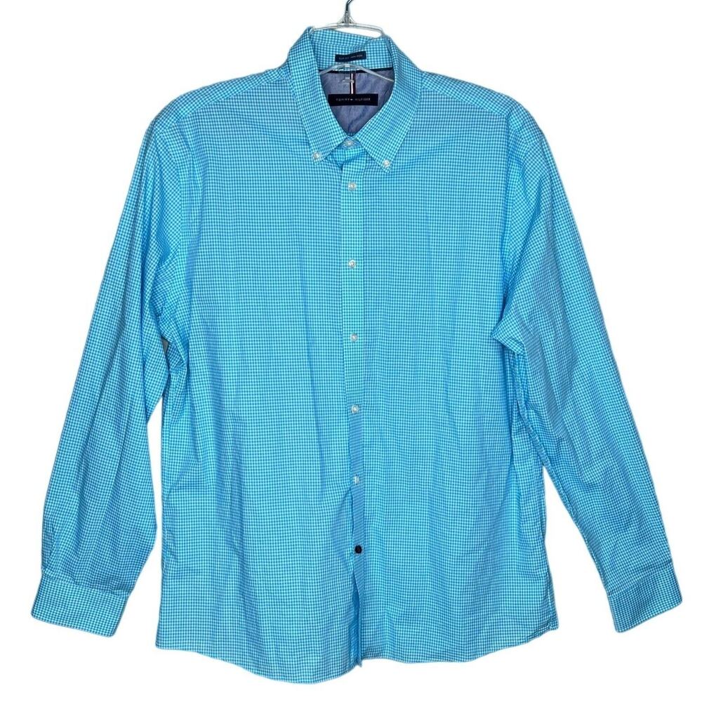 Tommy Hilfiger Shirt Mens 17 34/35 Blue Check Gingham Plaid Button Down Preppy